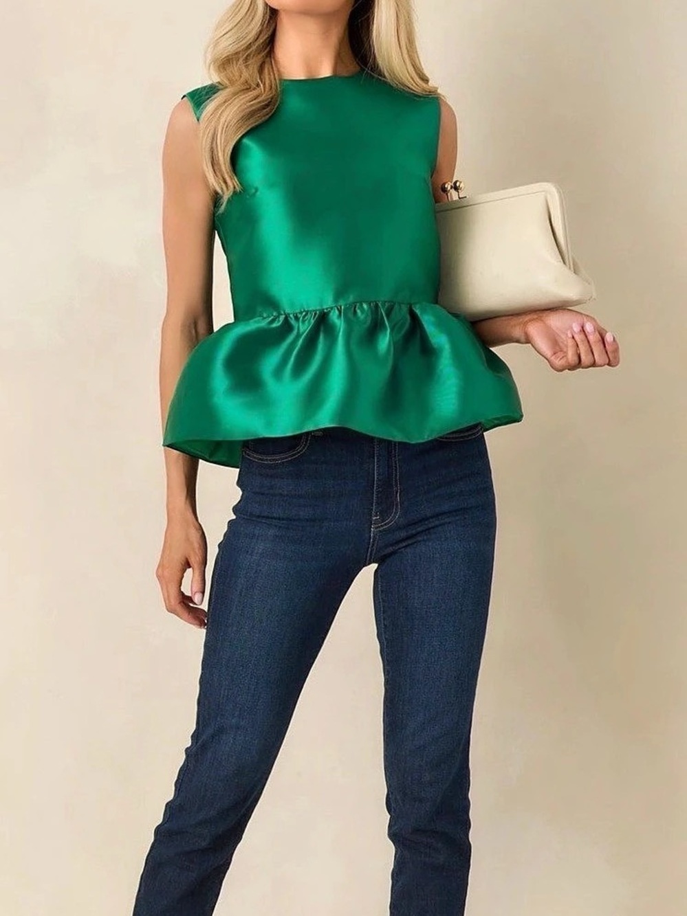 Prosperina Satin Top Green Peplum Top Size Medium